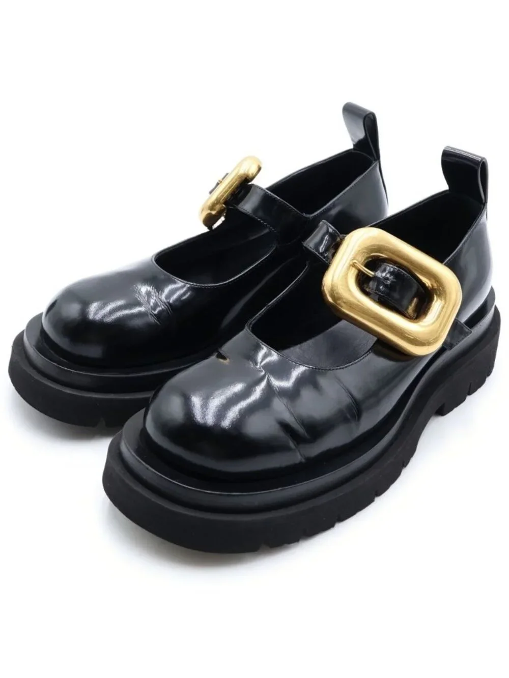 Bottega Veneta Rug Mary Jane Chunky Sole Leather Derby Shoes Gold Black